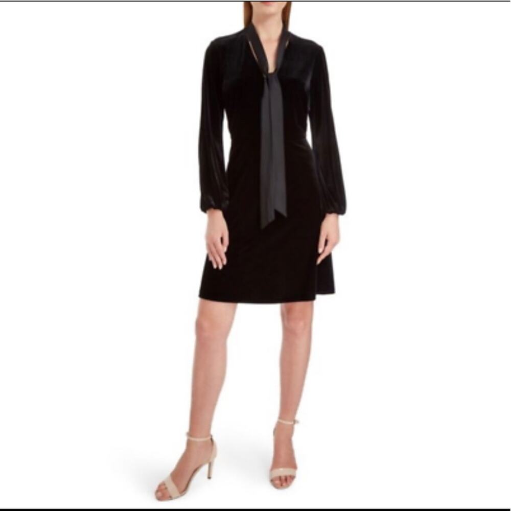 LAUREN RALPH LAUREN Women's Black Velvet Tie Neck Long Blouson Sleeve Dress